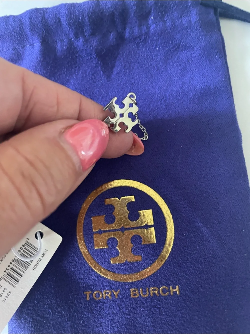 Tory Burch Silver-Tone Logo Charm Necklace 16”